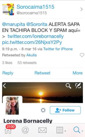 Desde la cuenta @sorocaima1515 se indicó a los usuarios @marupita y @Sororita que debían reportar a la comunicadora por ser “sapa” 