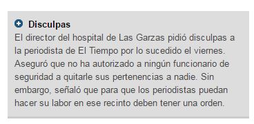El director del hospital de Las Garzas ofreció disculpas públicamente a la periodista Brazón por lo sucedido. Cortesía de El Tiempo
