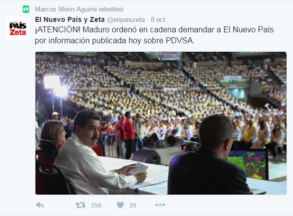 Tweet publicado por El Nuevo País durante la cadena nacional donde Maduro ordena la querella contra el diario.